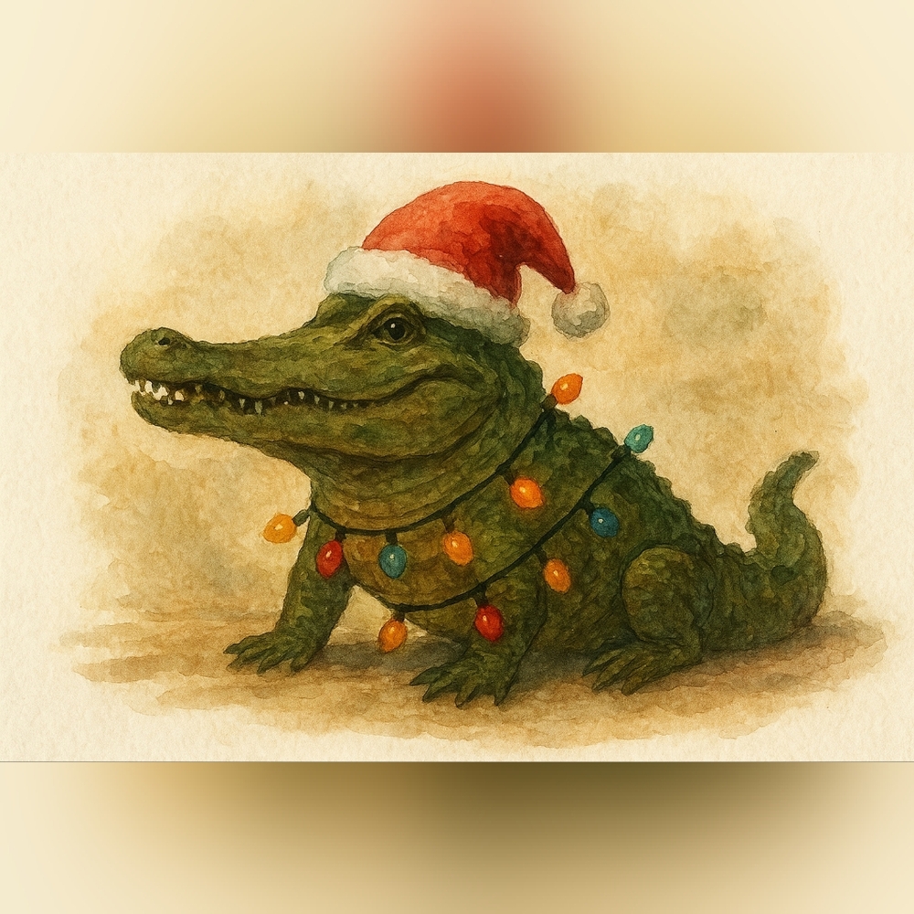 Festive Reptile Holiday Decor with Santa Hat and Lights Art Print